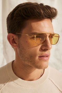 Sunglasses Men Aesthetic, Yellow Sunglasses Men, Aesthetic Sunglasses, King Fisher, Eyewear Campaign, Mens Haircuts Short Hair, Vintage Sunnies