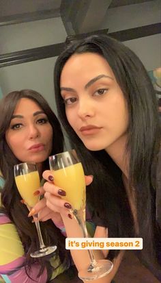 two women holding up wine glasses in front of their faces with the caption it's giving season 2