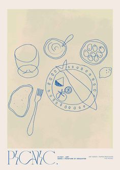 a drawing of food on a plate with utensils and spoons next to it