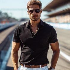 Mens Black Polo Outfit, Men’s Polo Style, Black Polo Outfit Men, Black Polo Outfit, Polo Shirt Outfits, Polo Shirt Style, Polo Outfit, Basic Fashion, Professional Men