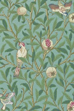 a wallpaper with birds sitting on branches and fruit hanging from it's sides