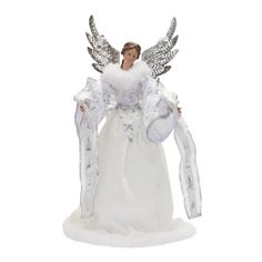 a white angel figurine with silver wings and a dress on it's chest