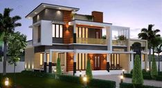 this is a 3d rendering of a modern style house at night with lights on the windows and balconies