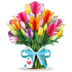 a bouquet of colorful tulips in a vase with a blue ribbon and a tag