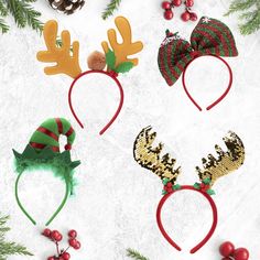 Our Christmas Headbands with 3D Hat Designs is a great value pack of 4 Christmas headbands and 4 styles of 3D hats. Includes, 4 designs Christmas headbands, green elf hat, green Santa hat with cute little dots, red shiny Santa hat with a green bow, and sparkling red Santa hat with a little bell on the tip One size fits all. Share them with your family, friends, or kids during the party, and have fun. Item Number: 10612 Adjustable Christmas Hat As Gift, Winter Novelty Costume Accessories, Fun Adjustable Christmas Hats, Novelty Christmas Party Headband, Holiday Mini Hats With Headband, Holiday Mini Hat Headband, Holiday Headband Mini Hats, Adjustable Mini Hats For Christmas, Adjustable Hair Accessories For Christmas Gifts