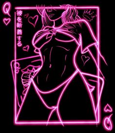 a neon drawing of a woman holding a card in front of her chest and back