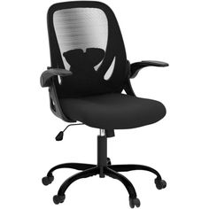 a black office chair with an arm rest and wheels on the back, against a white background