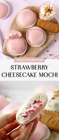 mochi filled with cheesecake and fresh strawberries Japanese Strawberry Desserts, Jello Mochi Recipes, Asain Dessert Recipes, Mochi Dessert Recipes, Japanese Deserts Recipe, Cute Desserts Recipes, Mochi Cheesecake, Not Too Sweet Dessert