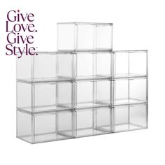 six clear plastic boxes stacked on top of each other with the words give love, give style