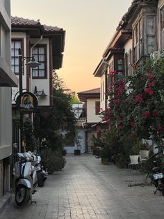 an alley way with scooters parked on both sides and pink flowers in the background