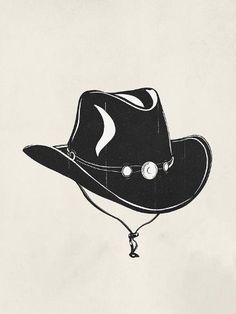 a black and white drawing of a cowboy's hat on a light colored background