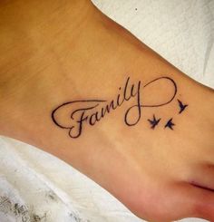 a foot with the word family written on it and birds flying in the sky above