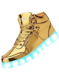 Gold  Collar  PU Leather Plain  Embellished   Women Shoes Gold High-top Custom Sneakers For Sports, Light Up Sneakers Women, Casual Gold Lace-up High-top Sneakers, Gold High-top Sneakers With Rubber Sole, Luxury Gold Lace-up High-top Sneakers, Light Up Sneakers, Casual Sneakers Women, Gold Collar