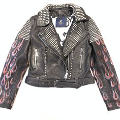 Barya NewYork Ladies Rose Fire Painted Spiked Biker Jacket - Dudes Boutique Fire Painting, Biker Jacket, Motorcycle Jacket, Leather Jacket, Boutique, Leather, Black, Color