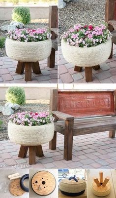 four pictures show how to make a planter out of an old tire and some wood