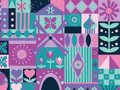 a colorful wallpaper with flowers, hearts and houses on it's sides is featured in this image