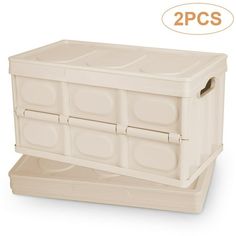 two plastic storage containers with lids on each side