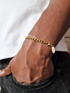 "18k gold plated stainless steel curb chain bracelet  High Quality 18k Gold plated & water proof  ◇ Lengths (inches):  6\" (XS) 7\" (S) 8\" (M) 9\" (L) ◇Choose between 3mm or 5mm width Simple staple piece of jewelry perfect for everyday wear ! ◇ Jewelry comes in a custom Machi Jewelry pouch 🎁 gift boxes/wrapping costs an extra £3 which can be added at checkout. . . . . . . . . Mens Gold Bracelet - Cuban link chain bracelet - curb chain bracelets - Cuban Mens Bracelet 18k gold" Mens Golden Bracelet, Mens Gold Chain Bracelet, Gold Chain Bracelet Men, Guy Jewelry Gold, Men’s Jewlery Gold, Mens Gold Bracelets Chains, Male Bracelets Gold For Men, Men’s Bracelets In Gold, Men’s Gold Bracelet