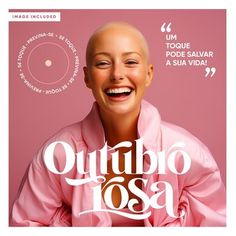 an advertisement for a hair salon featuring a smiling woman with shaved head and pink shirt