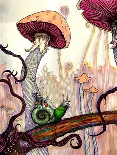 a drawing of two people with mushrooms on their heads, one holding a snail and the other looking at them