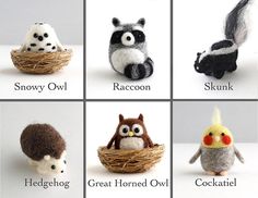 needle - felted animals and their names are shown in the pictures on this page