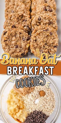 banana oat breakfast cookies in a glass bowl with text overlay that reads, bananas oat breakfast cookies