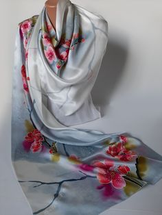 Hand Painted Long Silk Scarf Cherry Blossoms, Batik Christmas Gift I PLEASE ATTENTION FOR DEAR BUYERS! I thank all visitors to my store! I love to make unique scarves, shawls, tunics, dresses for you. I PLEASE read all the information regarding the order before ordering! Cherry Blossom Silk Scarf Hand painted silk scarves. Pink grey flower scarf. A birthday present for her, a gift for mom. Unique Floral Scarves Scarf in pink and grey paint, Luxury scarves painted, Scarves with flowers, Bright pi Silk Scarf With Floral Print For Gift, Silk Scarves With Floral Print For Gift, Silk Scarves With Floral Print As Gift, Silk Floral Print Scarf As Gift, Floral Print Silk Shawl Scarf For Gift, Floral Print Silk Shawl Scarf As Gift, White Silk Scarf With Floral Print For Gift, White Floral Print Silk Scarf For Gift, White Floral Print Silk Scarf As A Gift