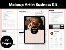 the makeup artist business kit is displayed on a pink background with black and white images