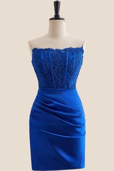 With a stunning royal blue color, bodycon silhouette, and elegant corset bodice adorned with appliques, you'll be the center of attention. The ruched details and built-in bra add extra support and shape while the zip-up back ensures a perfect fit. And at above knee length, this dress is perfect for any occasion. 

Satin material 

Royal blue color

Bodycon silhouette
Corset bodice with appliques 

Ruched details
Built-in bra
Zip-up back
Above knee length

Care: hand wash only
The model is wearing US Size 2. Bra Add, Elegant Corset, Short Princess Dress, Bodycon Short Dress, Short Bodycon Dress, Corset Bodice, Convertible Dress, Bridesmaid Accessories, Short Bridesmaid Dresses