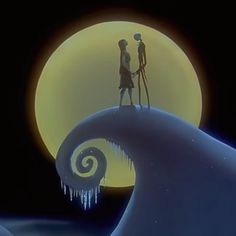 two people standing on top of a wave in front of a full moon with icicles