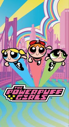 the powerpuff girls movie poster with three cartoon characters in front of a city