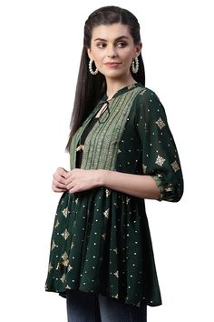 This georgette jacket type tunic is made by ahalyaa. It's look like gujarati kediya that people often wear in navratri night for playing garba. This tunic has broad lace in front for great detailing of tunic. Tunic has malai dori for tie up in front. Pair it with light colour jeggings and gold kohlapuris for that perfect ethnic look. You can wear this tunic as casually or even in party. Sizing tip : please refer to ahalyaa garment size chart n pick a garment size atleast 2" more than your body m Navratri Bohemian Kurta In Georgette, Designer Bohemian Kurta For Navratri, Bohemian Designer Kurta For Navratri, Bohemian Kurta With Dupatta In Georgette, Bohemian Georgette Kurta With Dupatta, Bohemian Georgette Choli For Designer Wear, Bohemian Georgette Choli For Navratri, Anarkali Style Front Open Georgette Dupatta, Traditional Tunic With Traditional Drape For Festive Season