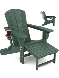 a green adiron chair with a cup on it