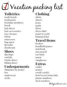 vacation packing list with the words, travel items and other things to pack in it