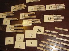 several pieces of paper with numbers on them sitting on top of a wooden table next to each other