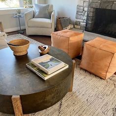 a living room filled with furniture and a fire place in the middle of the room