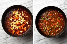 two pictures showing how to make vegetable soup with peas and carrots in a pot