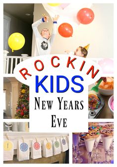 rockin'kids new years eve party collage with balloons, cake and cupcakes