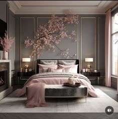 a bedroom decorated in pink and grey with a large painting on the wall above the bed