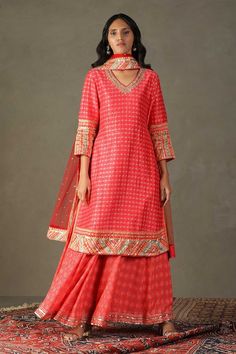 Candy coral pink kurta with floral bandhani patterns and embroidered borders. Comes with coordinating gharara and border embroidered dupatta. - Aza Fashions Pink Kurta, Ritu Kumar, Embroidered Dupatta, Coral Pink, Set For Women, Aza Fashion, Borders, Floral Pattern, Coral