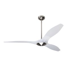 a white ceiling fan with a light on it's end and two blades hanging from the ceiling