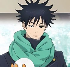 an anime character with black hair holding a stuffed animal in his arms and wearing a scarf around his neck