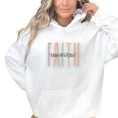 Our inspirational hoodie was designed to uplift and inspire and spread positivity and hope wherever you go. Crafted with comfort and quality in mind, this hoodie is perfect for everyday wear. Ideal for those seeking to share their faith and make a statement of unwavering devotion. Add a touch of inspiration to your wardrobe and let your faith shine through! Unisex Fit (Please see the size chart in listing for additional details). If you are looking for a more fitted look, we suggest sizing down. White Hoodie With Lettering In Relaxed Fit, Inspirational White Hoodie With Letter Print, White Cotton Hoodie With Lettering, Inspirational White Cotton Hoodie, Inspirational Letter Print Relaxed Fit Hoodie, Inspirational Letter Print Relaxed Hoodie, Inspirational Graphic Print Hoodie For Fall, Faith Sweatshirt, Christian Merch