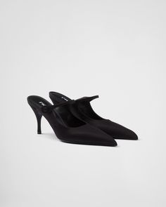 Find PRADA Satin High-heeled Mules on Editorialist. Upper with covered button Leather and rubber sole with metal lettering logo Satin-covered heel, height 85 mm Prada Shoes Outfit, Mules Women, Metal Lettering, Velvet Slippers, High Heel Mules, Devil Wears Prada, Heel Mules, Suede Mules, Lettering Logo