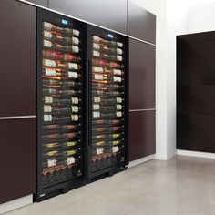 two refrigerators filled with different types of wine in a room next to each other