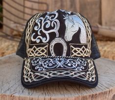 Silver horse embroidered western hat trucker cap Western Style Snapback Baseball Cap For Country Events, Western Style Baseball Cap With Short Brim, Western Style Adjustable Baseball Cap With Curved Brim, Western Style Adjustable Trucker Hat With Curved Brim, Western Adjustable Trucker Hat With Curved Brim, Western Baseball Cap For Country Events, Western Style Baseball Cap For Country Events, Adjustable Western Baseball Cap For Rodeo, Western Style Adjustable Baseball Cap For Country Events