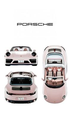 the porsche sports car is shown in three different views, including the hood and trunk