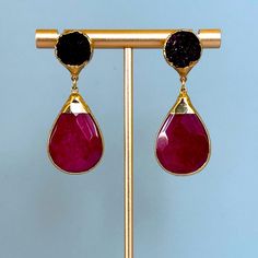 Ready To Party! Brand New Drop Earrings With 18-Kt Gold Plate, With Two Stunning Stones - Strawberry Quartz On The Bottom And Deep Purple Drusy On Top. Earring Back Included. Multiple Color Options. - 18-Kt Gold Plate - Strawberry Quartz And Purple Drusy - 1.75”L - New, One Of A Kind -Nwt - Designer: Janna Conner - Made In La Party Gemstone Drop Earrings, Gemstone Drop Earrings For Party, Luxury Red Earrings For Party, Luxury Red Party Earrings, Party Red Gemstone Earrings, Teardrop Earrings For Valentine's Day Party, Ruby Dangle Earrings For Party, Luxury Gemstone Earrings For Party, Red Fine Jewelry Earrings For Party