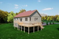 a rendering of a small house with a deck on the grass in front of it