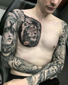 a man with a lion tattoo on his chest